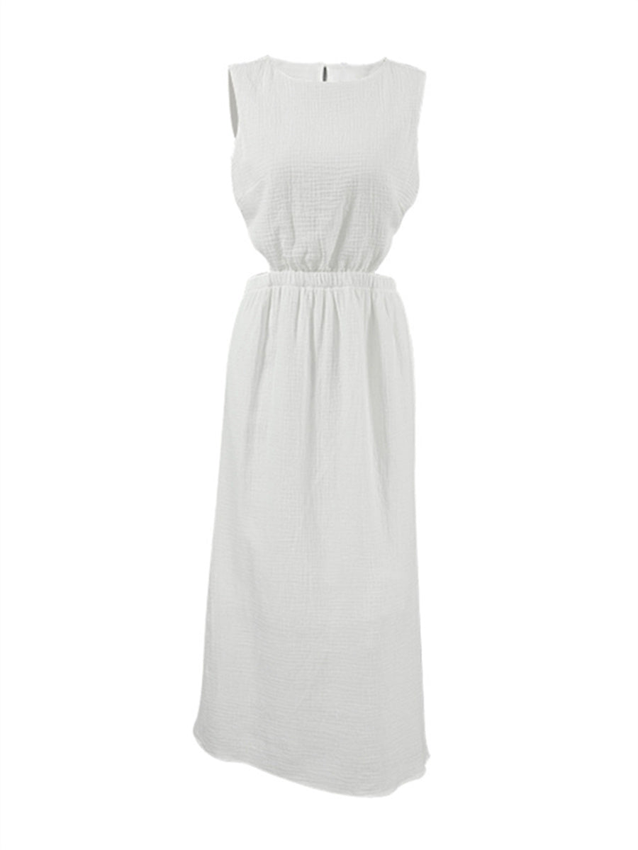 Liber summer women's daily casual solid color round neck sleeveless slim dress