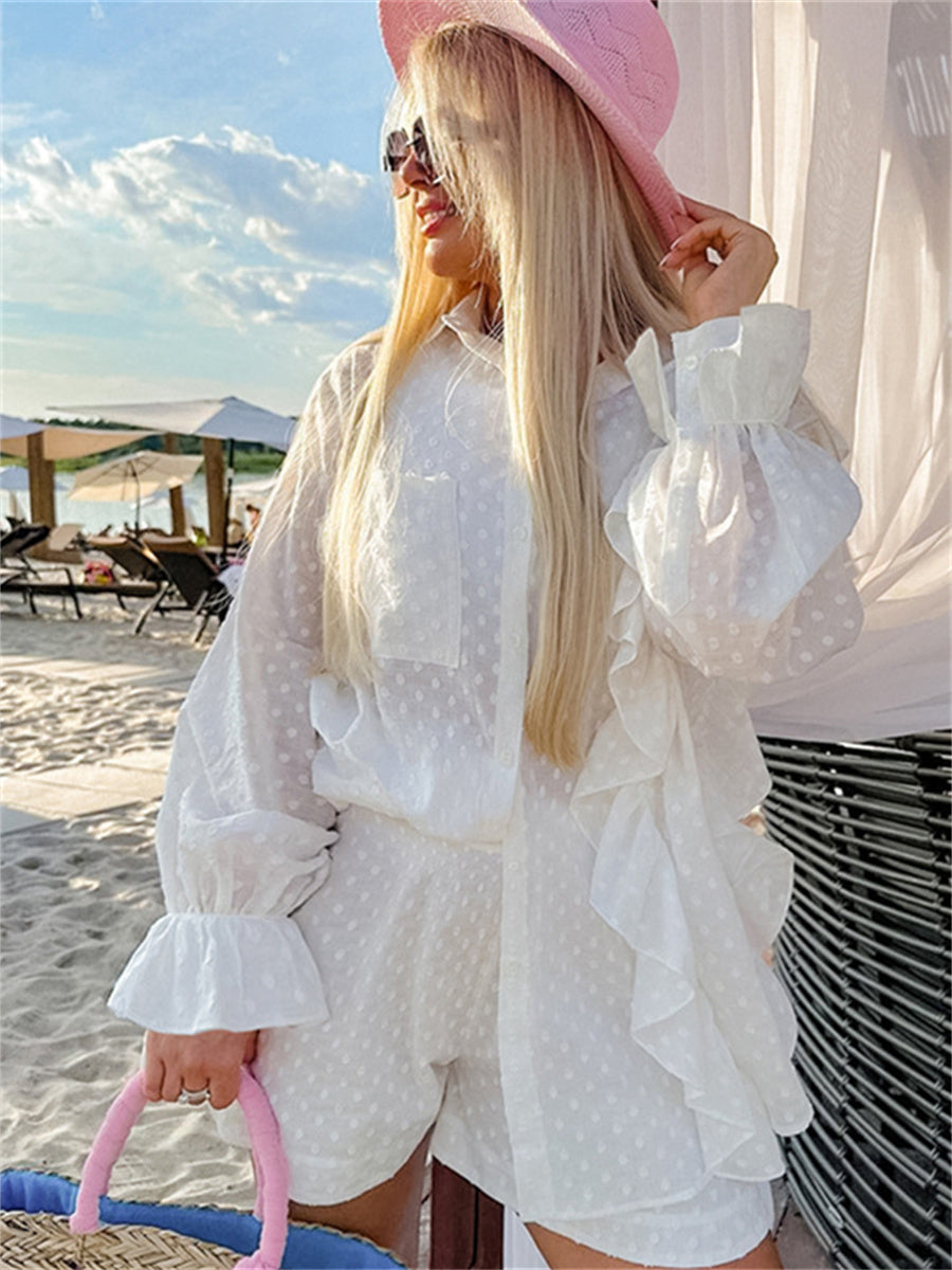 Liber summer women's clothing daily casual solid color, ruffles, lace turn-up collar long sleeves loose two-piece suit
