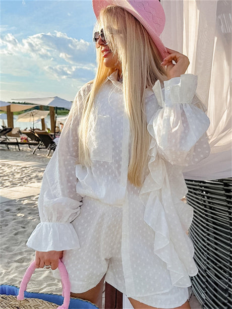 Liber summer women's clothing daily casual solid color, ruffles, lace turn-up collar long sleeves loose two-piece suit