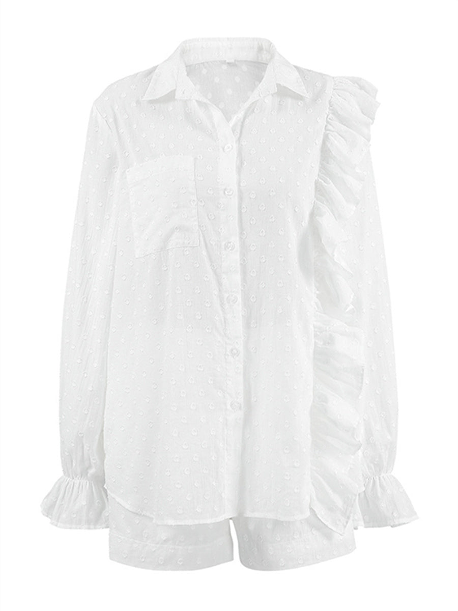 Liber summer women's clothing daily casual solid color, ruffles, lace turn-up collar long sleeves loose two-piece suit