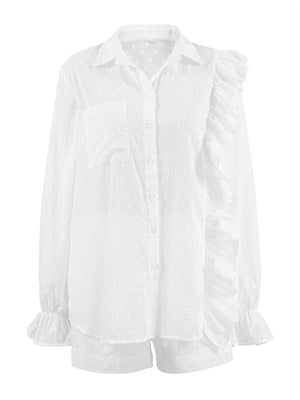 Liber summer women's clothing daily casual solid color, ruffles, lace turn-up collar long sleeves loose two-piece suit