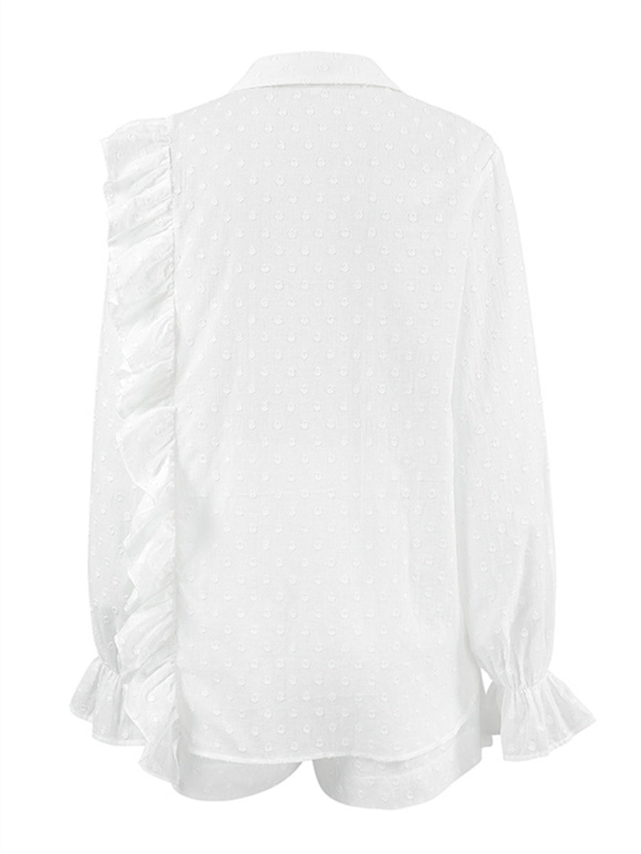 Liber summer women's clothing daily casual solid color, ruffles, lace turn-up collar long sleeves loose two-piece suit