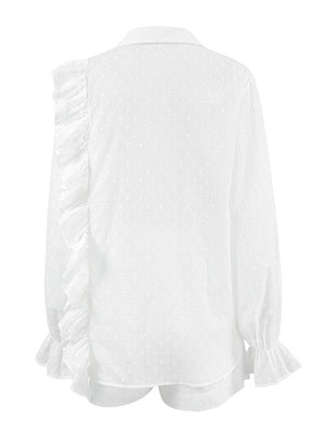 Liber summer women's clothing daily casual solid color, ruffles, lace turn-up collar long sleeves loose two-piece suit