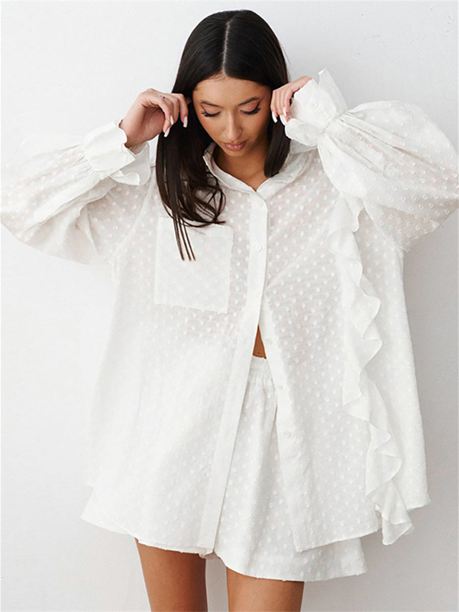 Liber summer women's clothing daily casual solid color, ruffles, lace turn-up collar long sleeves loose two-piece suit