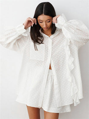 Liber summer women's clothing daily casual solid color, ruffles, lace turn-up collar long sleeves loose two-piece suit