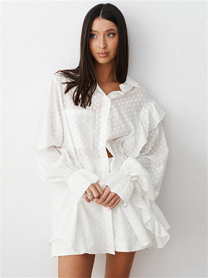 Liber summer women's clothing daily casual solid color, ruffles, lace turn-up collar long sleeves loose two-piece suit
