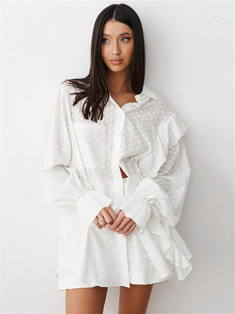 Liber summer women's clothing daily casual solid color, ruffles, lace turn-up collar long sleeves loose two-piece suit