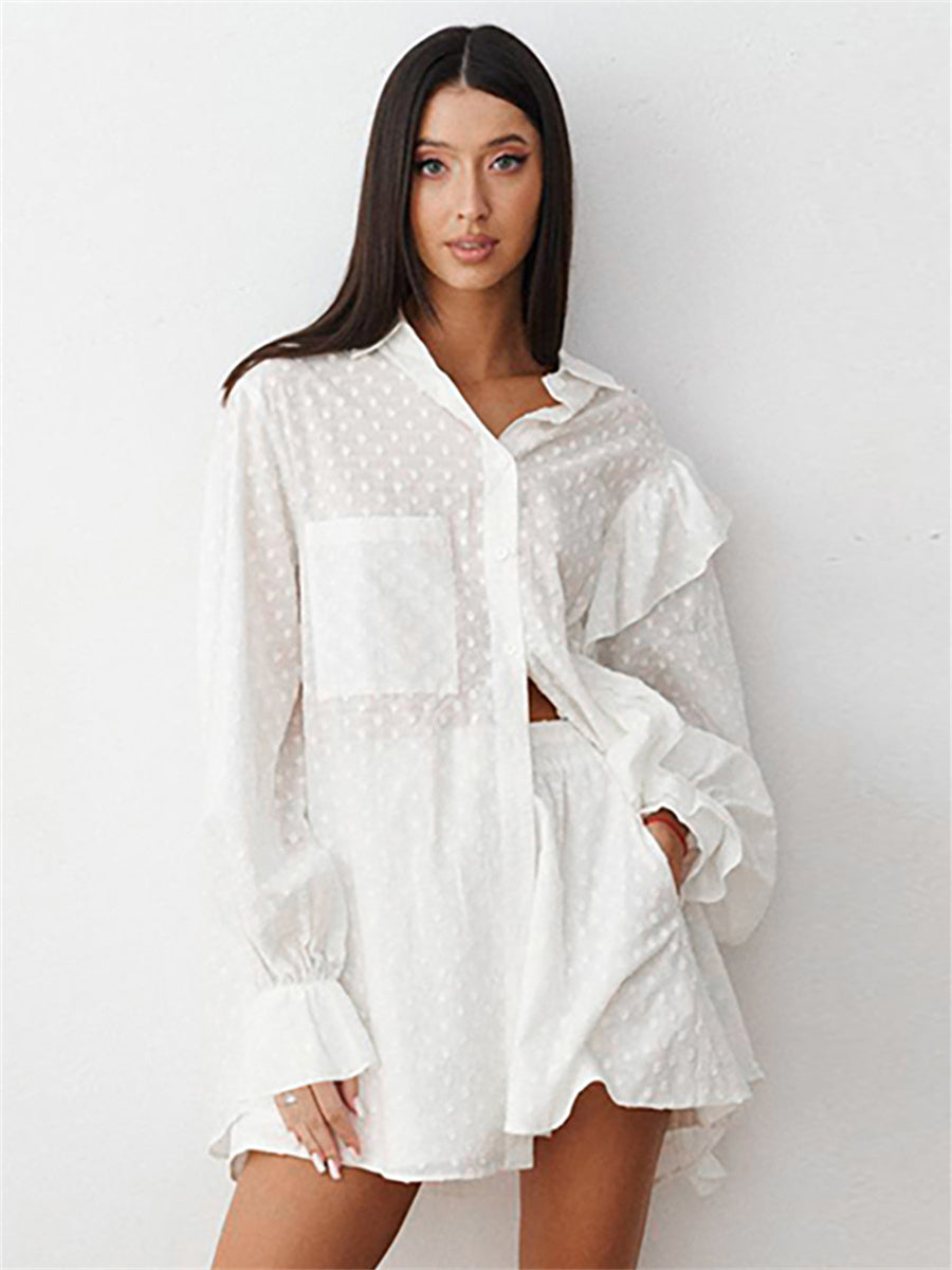 Liber summer women's clothing daily casual solid color, ruffles, lace turn-up collar long sleeves loose two-piece suit