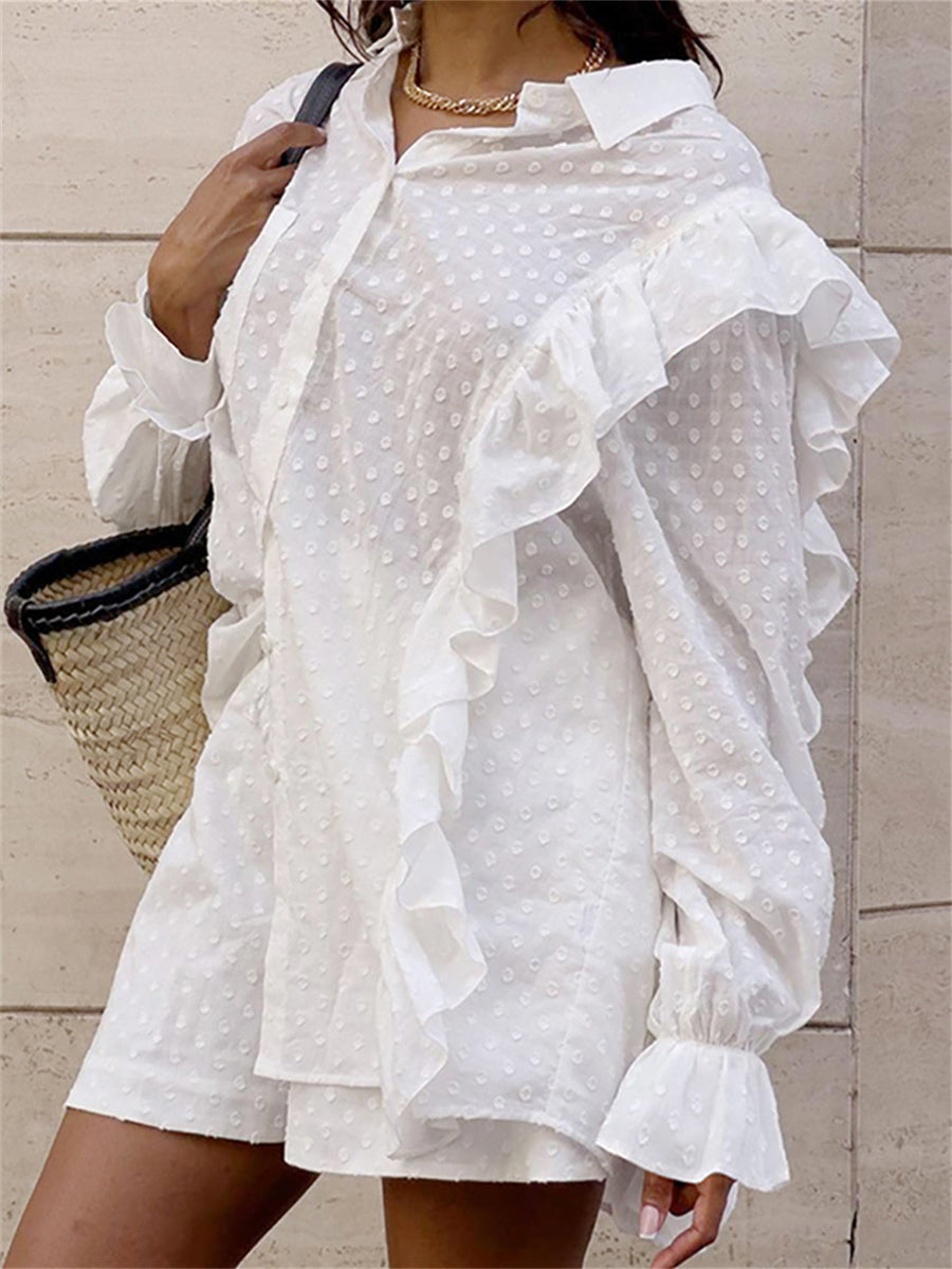 Liber summer women's clothing daily casual solid color, ruffles, lace turn-up collar long sleeves loose two-piece suit