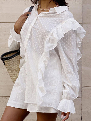 Liber summer women's clothing daily casual solid color, ruffles, lace turn-up collar long sleeves loose two-piece suit