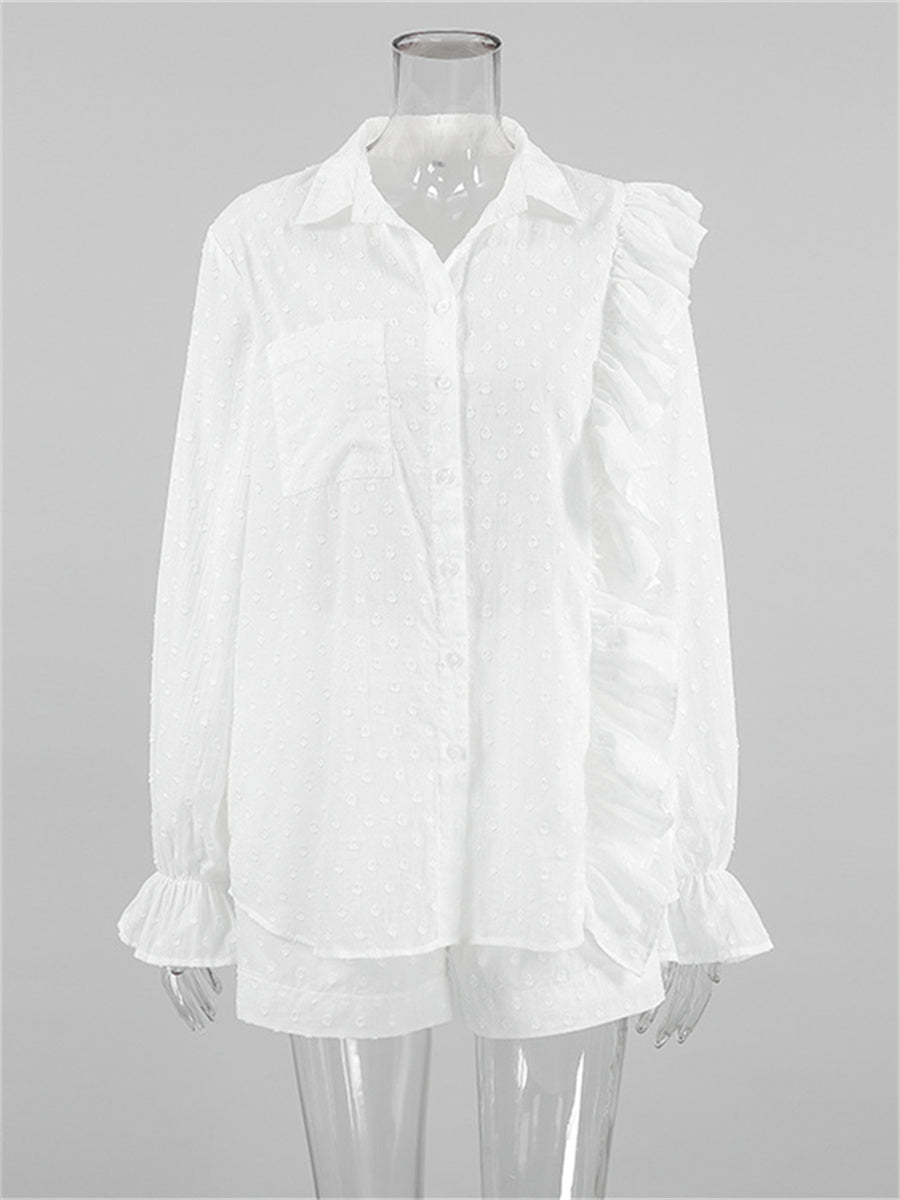 Liber summer women's clothing daily casual solid color, ruffles, lace turn-up collar long sleeves loose two-piece suit