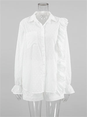 Liber summer women's clothing daily casual solid color, ruffles, lace turn-up collar long sleeves loose two-piece suit