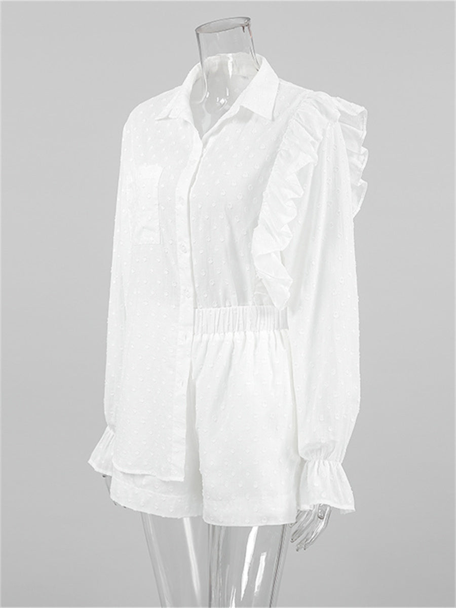 Liber summer women's clothing daily casual solid color, ruffles, lace turn-up collar long sleeves loose two-piece suit