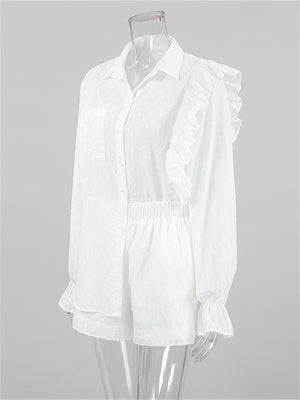 Liber summer women's clothing daily casual solid color, ruffles, lace turn-up collar long sleeves loose two-piece suit