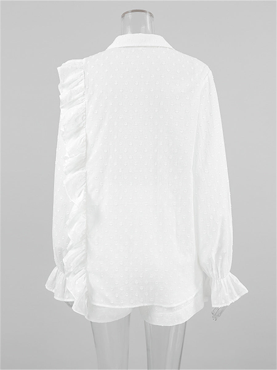 Liber summer women's clothing daily casual solid color, ruffles, lace turn-up collar long sleeves loose two-piece suit