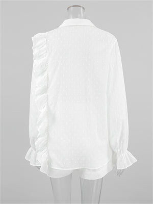 Liber summer women's clothing daily casual solid color, ruffles, lace turn-up collar long sleeves loose two-piece suit