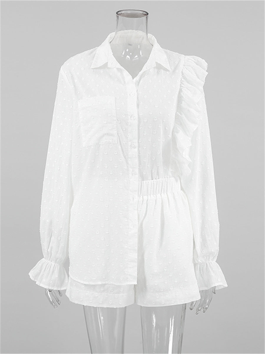 Liber summer women's clothing daily casual solid color, ruffles, lace turn-up collar long sleeves loose two-piece suit