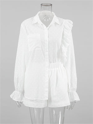 Liber summer women's clothing daily casual solid color, ruffles, lace turn-up collar long sleeves loose two-piece suit