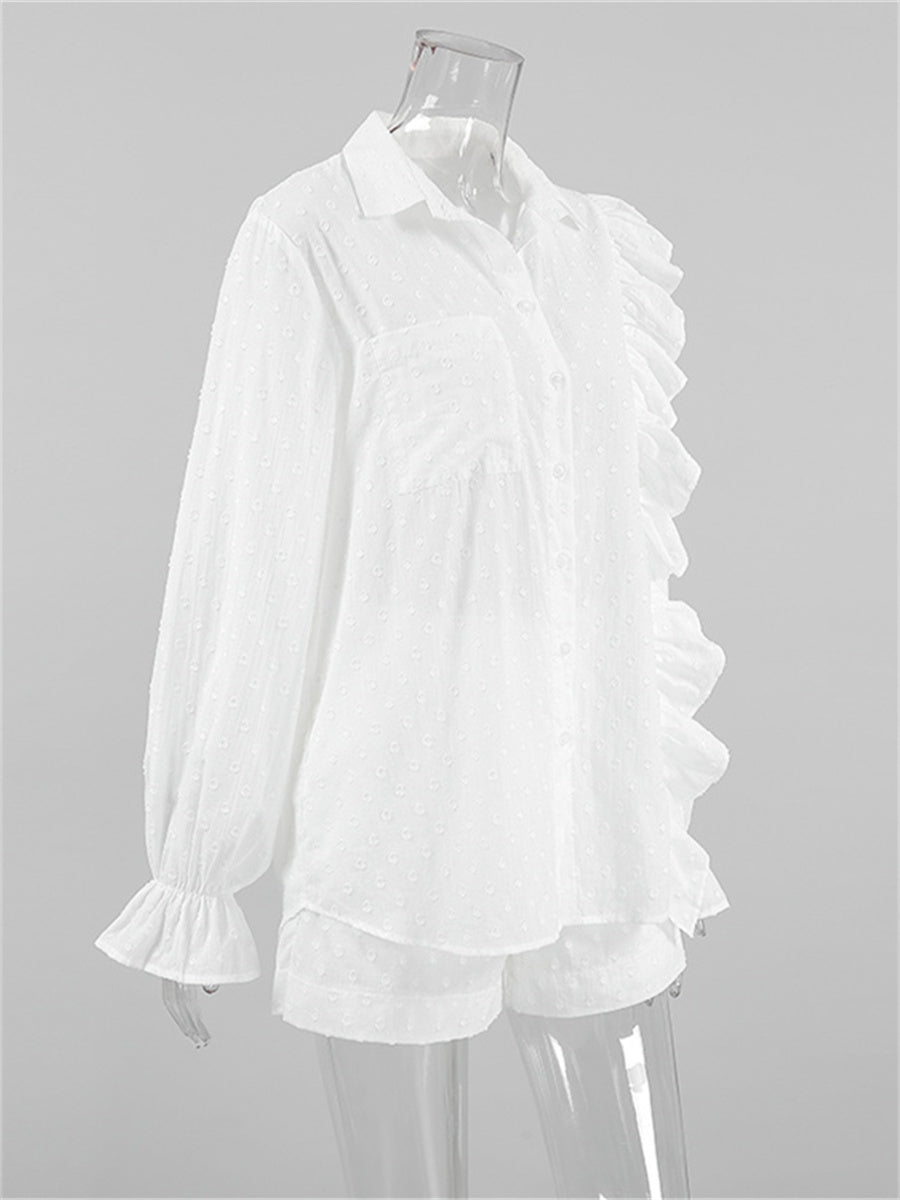 Liber summer women's clothing daily casual solid color, ruffles, lace turn-up collar long sleeves loose two-piece suit