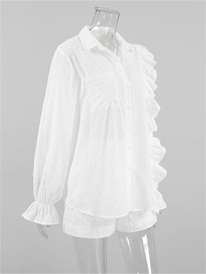 Liber summer women's clothing daily casual solid color, ruffles, lace turn-up collar long sleeves loose two-piece suit