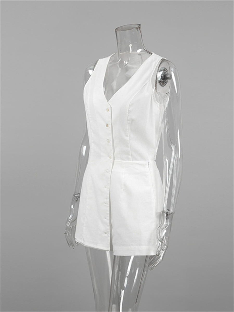 Liber Summer Women's Daily Casual Solid Color V-neck Sleeveless Slim Fit Two-piece Suit