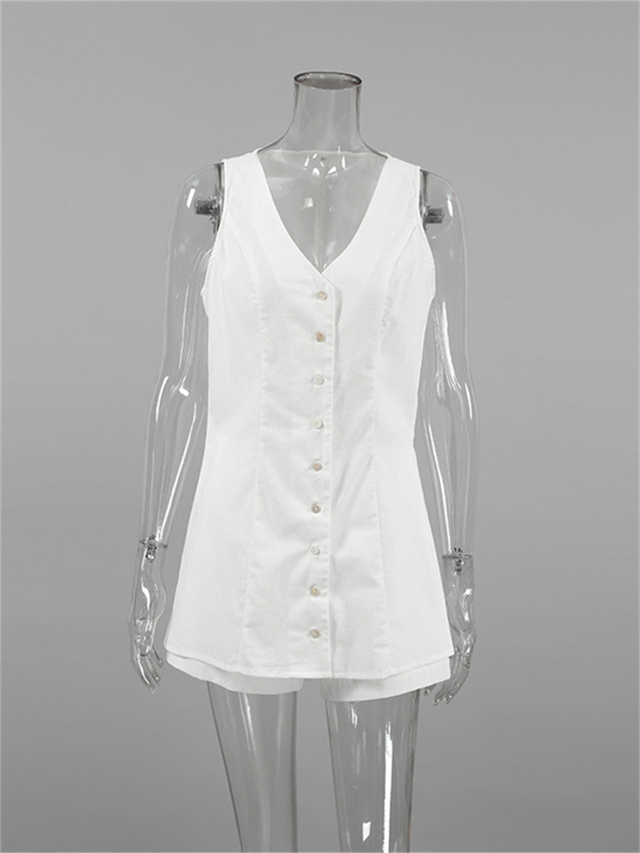 Liber Summer Women's Daily Casual Solid Color V-neck Sleeveless Slim Fit Two-piece Suit