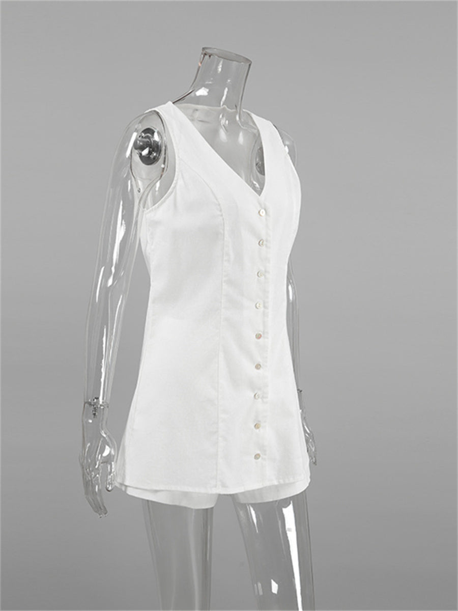 Liber Summer Women's Daily Casual Solid Color V-neck Sleeveless Slim Fit Two-piece Suit