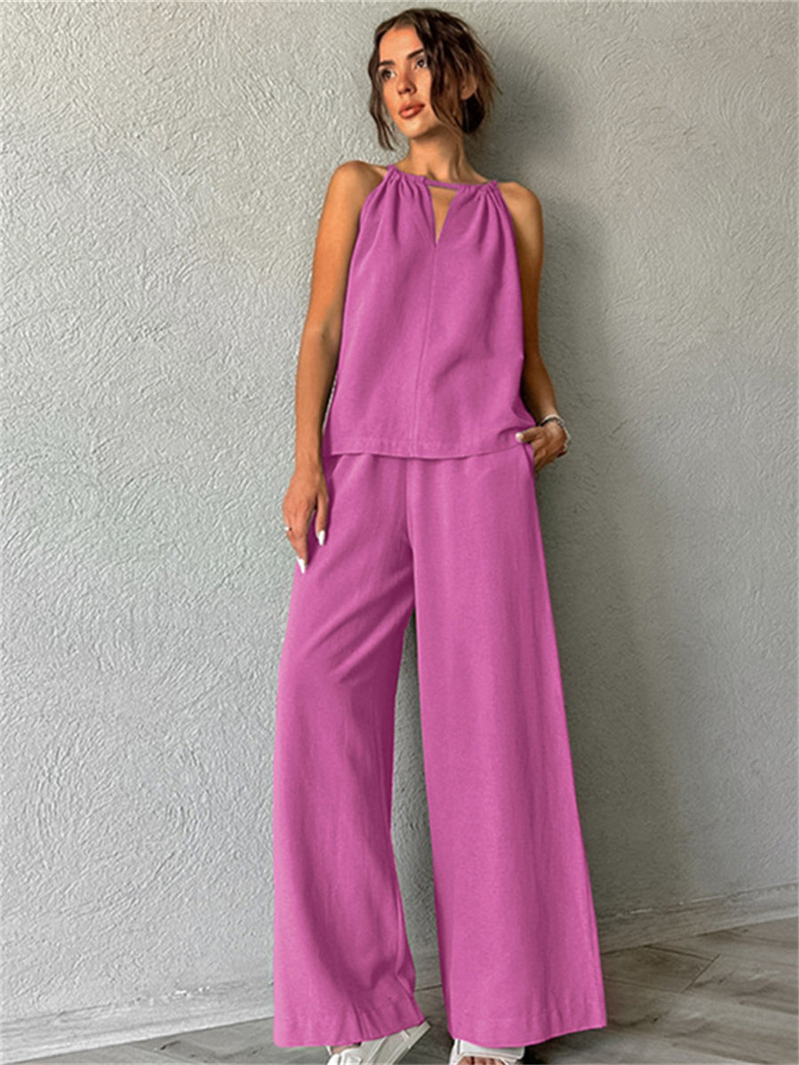 Liber Summer Women's Daily Casual Solid Color Bib Collar Slim Fit Two-Piece Set