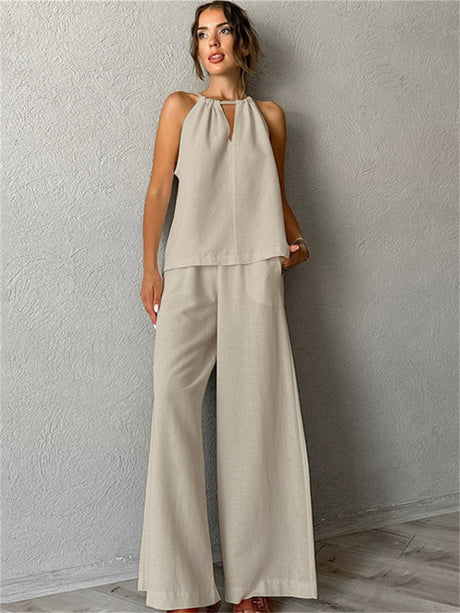 Liber Summer Women's Daily Casual Solid Color Bib Collar Slim Fit Two-Piece Set