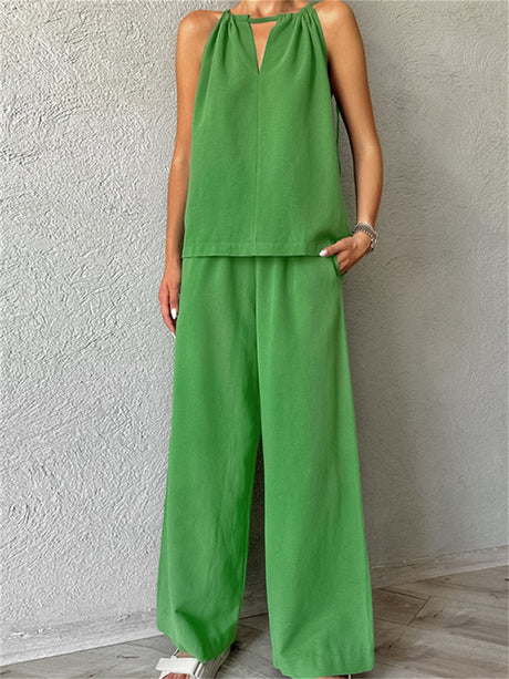 Liber Summer Women's Daily Casual Solid Color Bib Collar Slim Fit Two-Piece Set