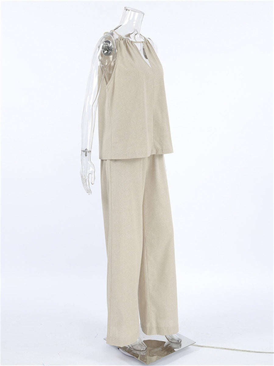 Liber Summer Women's Daily Casual Solid Color Bib Collar Slim Fit Two-Piece Set
