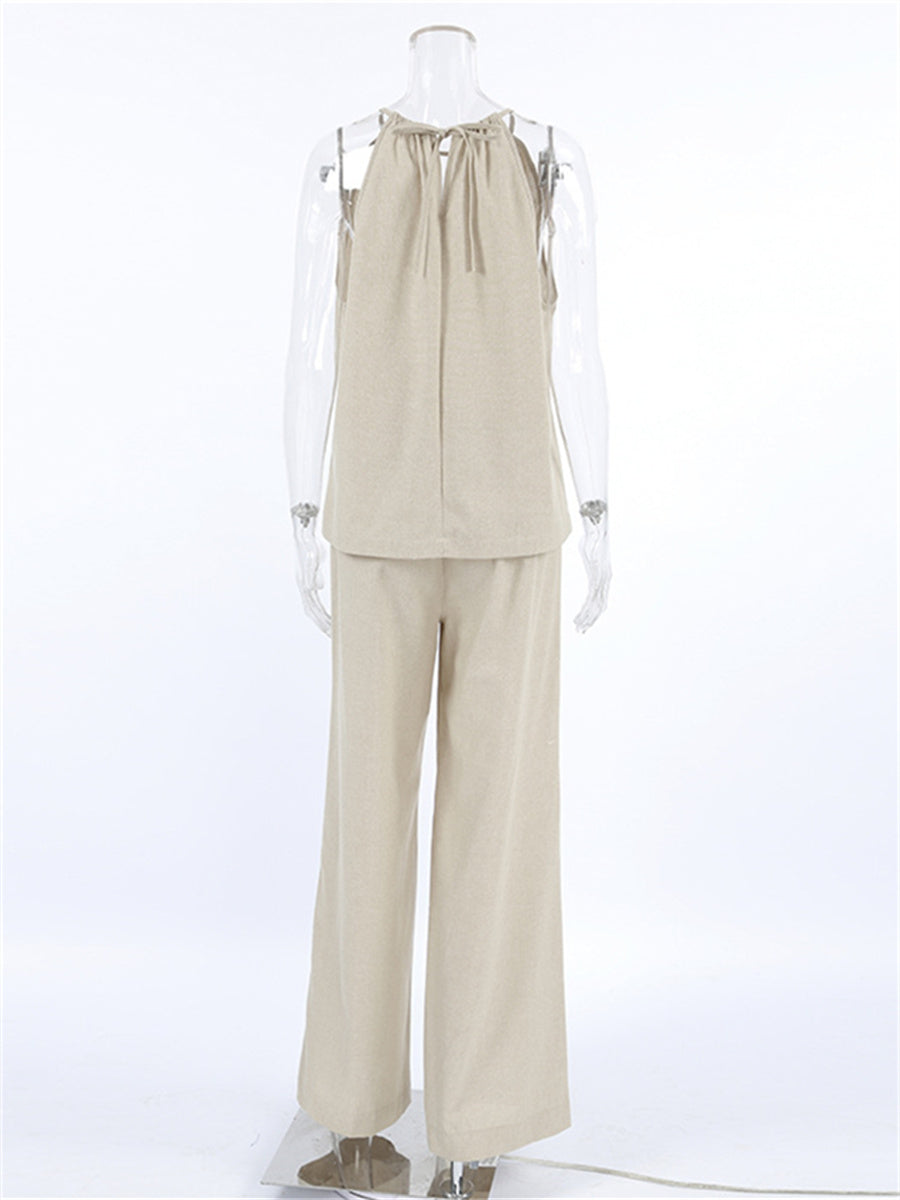 Liber Summer Women's Daily Casual Solid Color Bib Collar Slim Fit Two-Piece Set