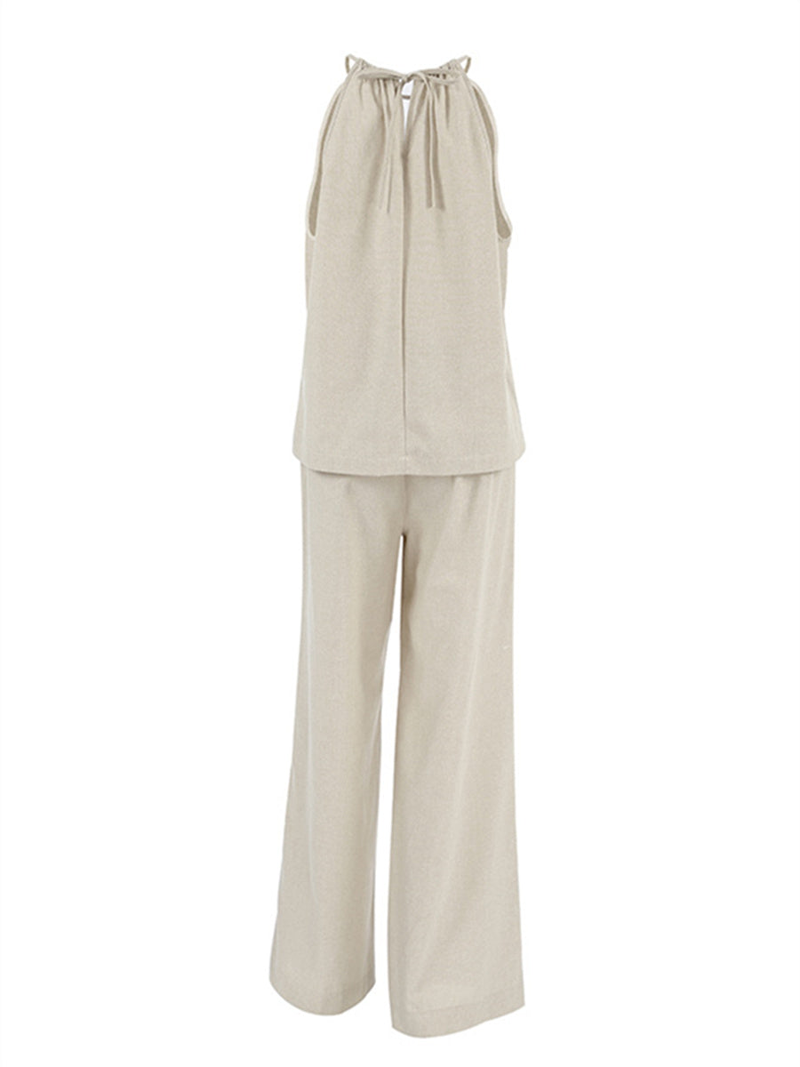 Liber Summer Women's Daily Casual Solid Color Bib Collar Slim Fit Two-Piece Set