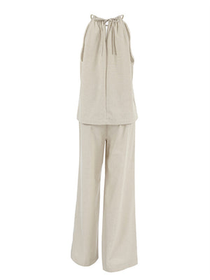 Liber Summer Women's Daily Casual Solid Color Bib Collar Slim Fit Two-Piece Set