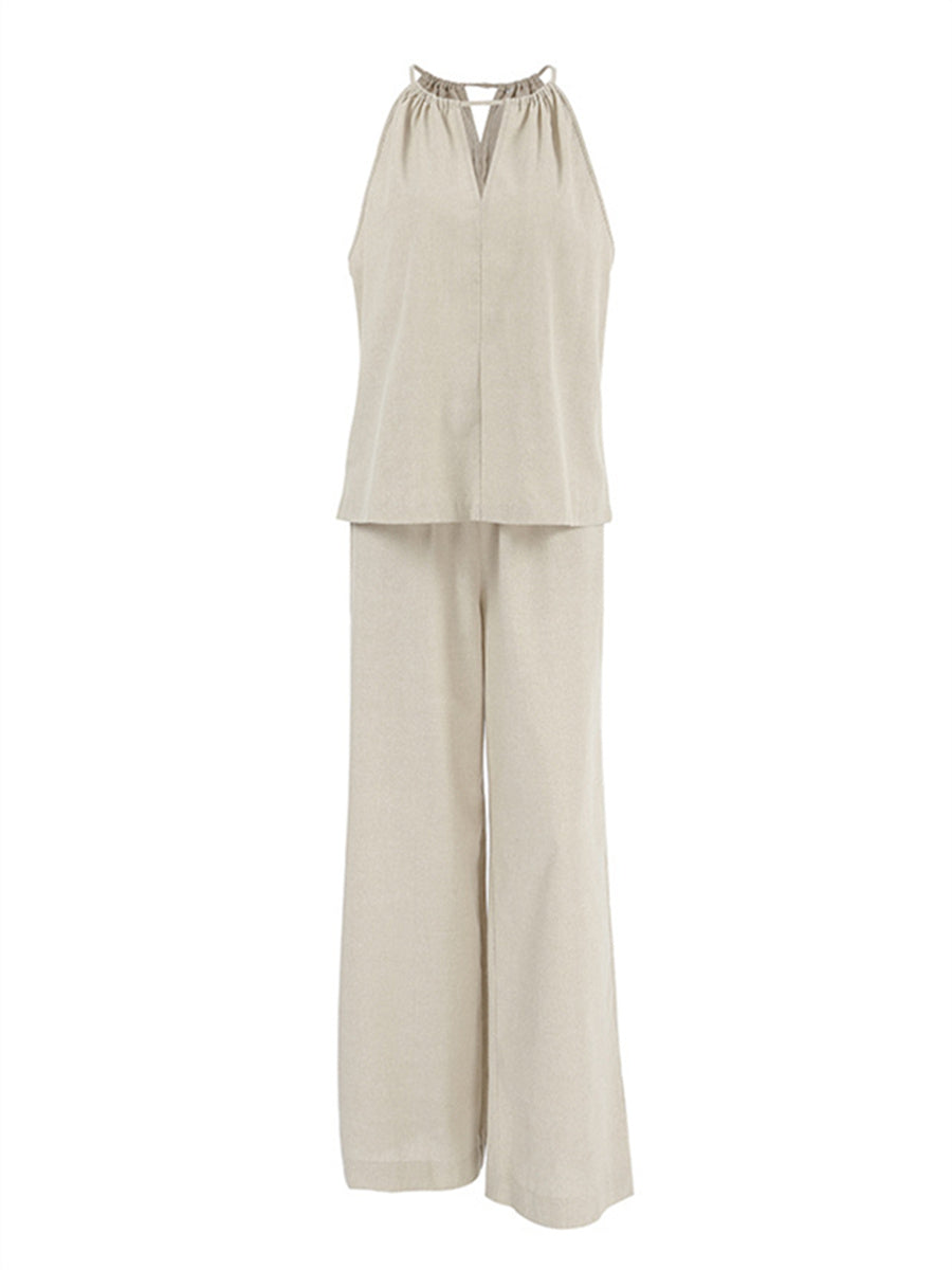 Liber Summer Women's Daily Casual Solid Color Bib Collar Slim Fit Two-Piece Set
