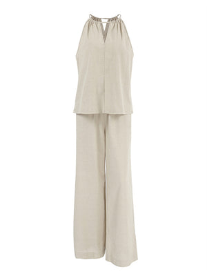 Liber Summer Women's Daily Casual Solid Color Bib Collar Slim Fit Two-Piece Set