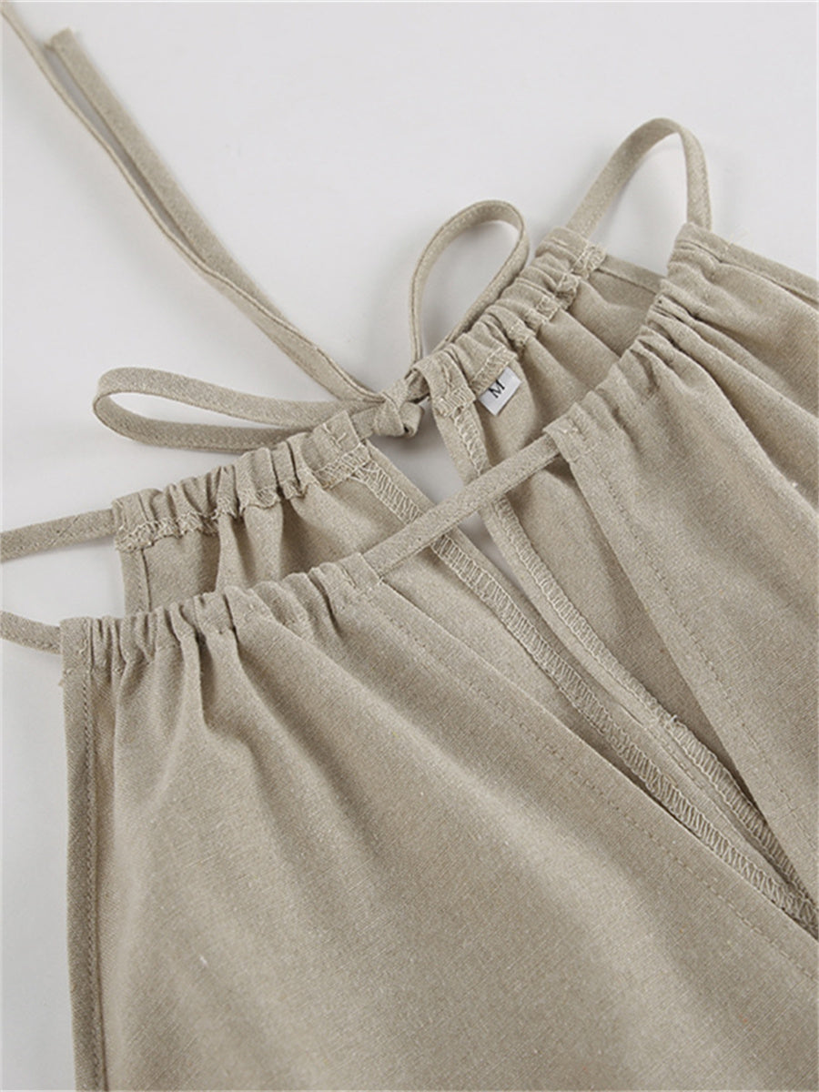 Liber Summer Women's Daily Casual Solid Color Bib Collar Slim Fit Two-Piece Set