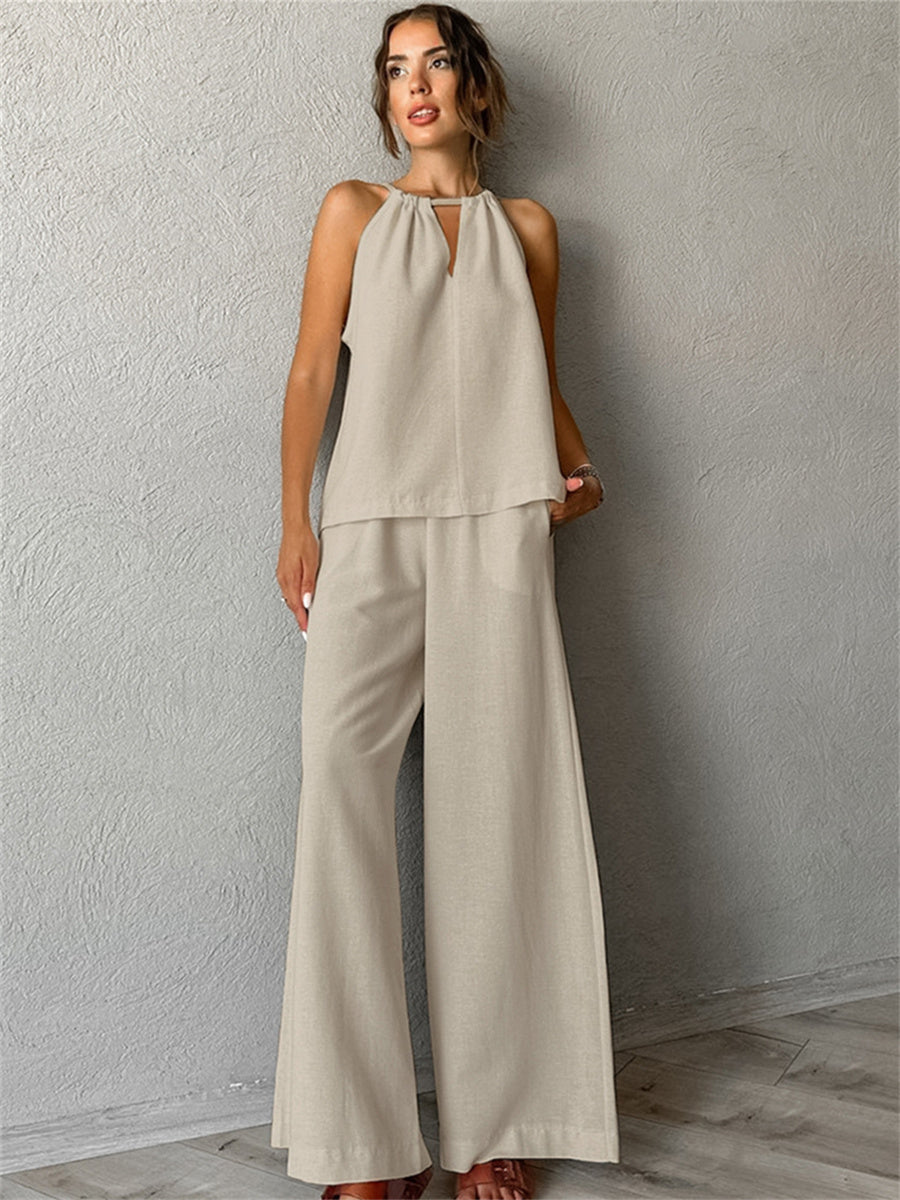 Liber Summer Women's Daily Casual Solid Color Bib Collar Slim Fit Two-Piece Set