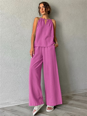 Liber Summer Women's Daily Casual Solid Color Bib Collar Slim Fit Two-Piece Set