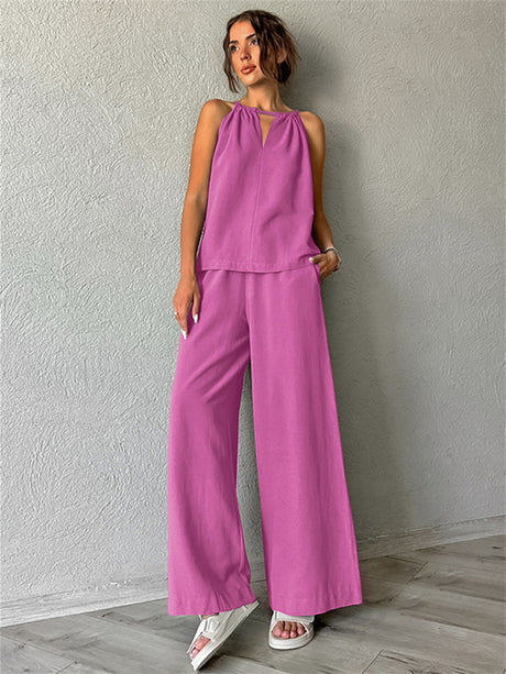 Liber Summer Women's Daily Casual Solid Color Bib Collar Slim Fit Two-Piece Set