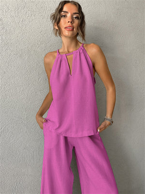 Liber Summer Women's Daily Casual Solid Color Bib Collar Slim Fit Two-Piece Set