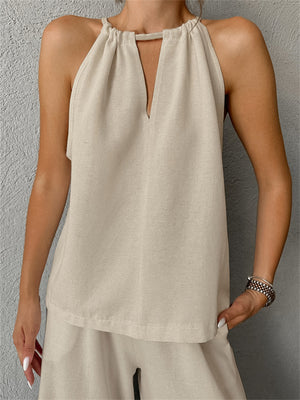 Liber Summer Women's Daily Casual Solid Color Bib Collar Slim Fit Two-Piece Set