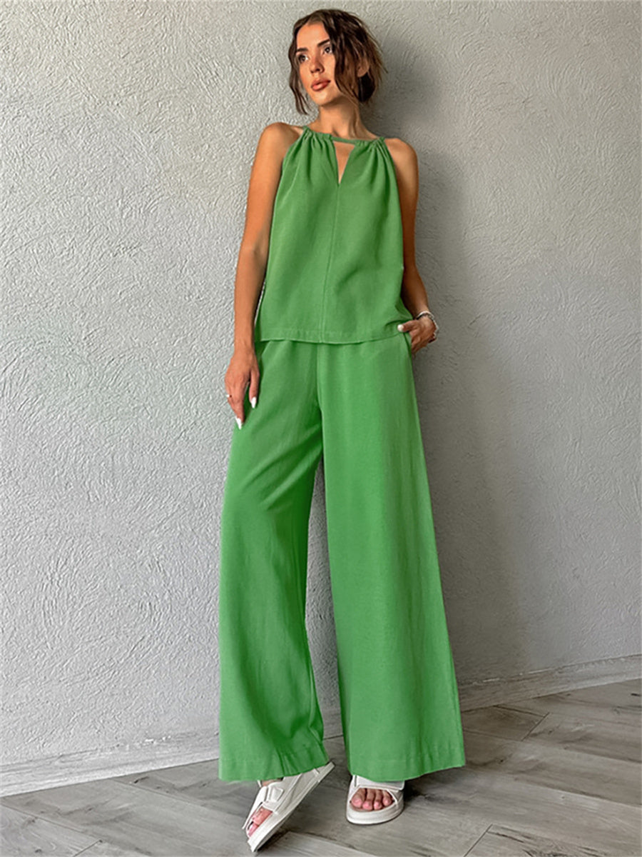Liber Summer Women's Daily Casual Solid Color Bib Collar Slim Fit Two-Piece Set