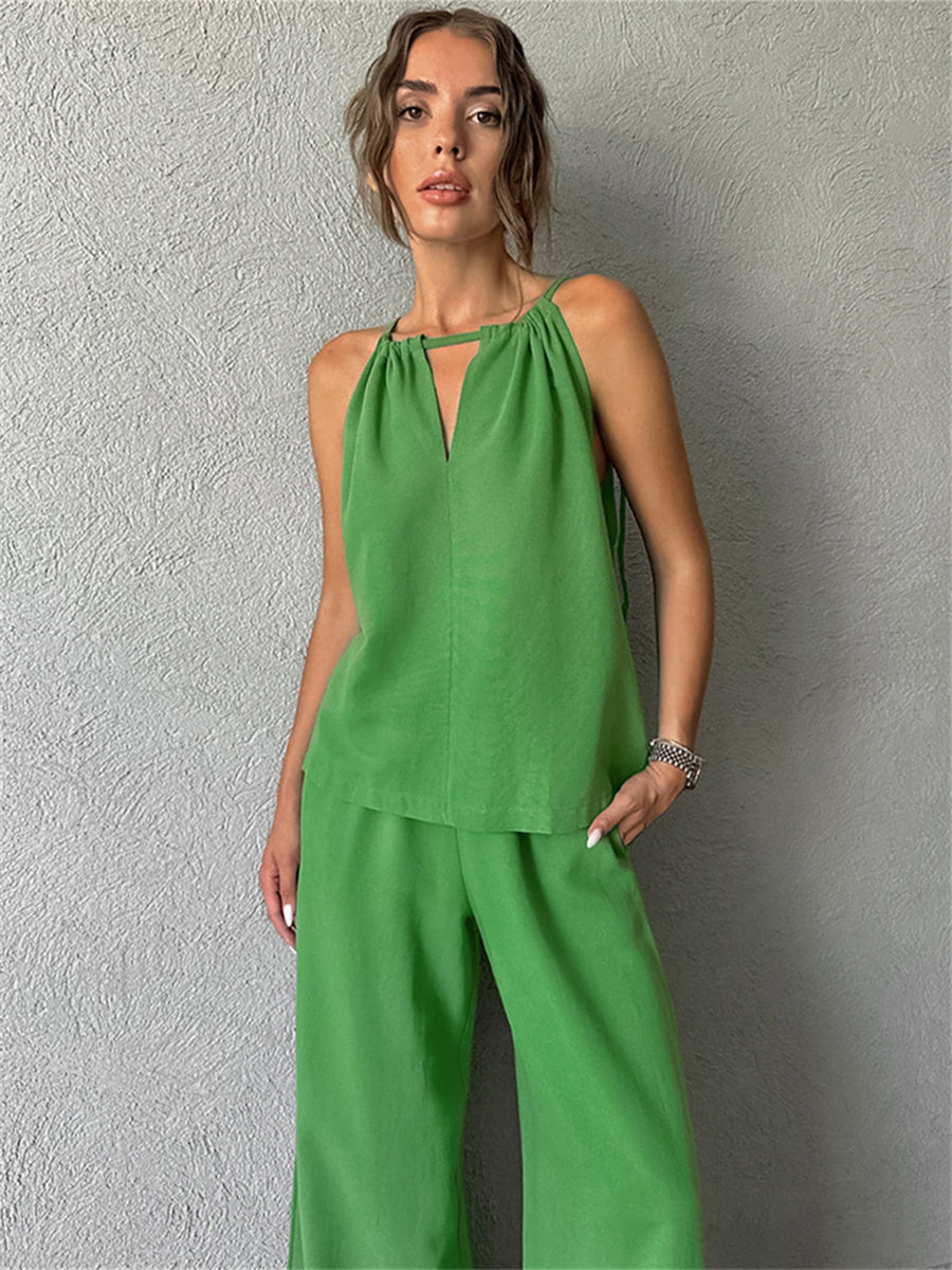 Liber Summer Women's Daily Casual Solid Color Bib Collar Slim Fit Two-Piece Set