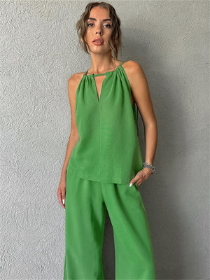 Liber Summer Women's Daily Casual Solid Color Bib Collar Slim Fit Two-Piece Set