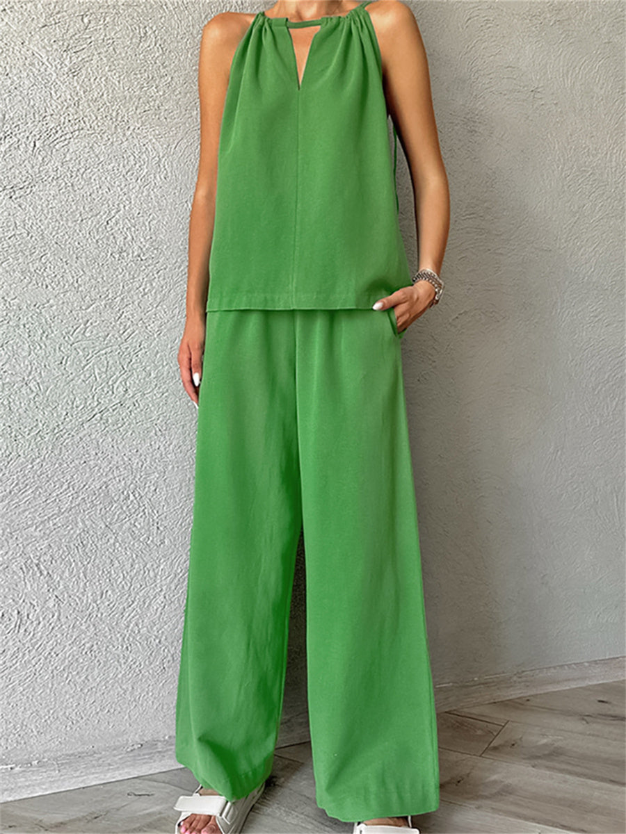 Liber Summer Women's Daily Casual Solid Color Bib Collar Slim Fit Two-Piece Set