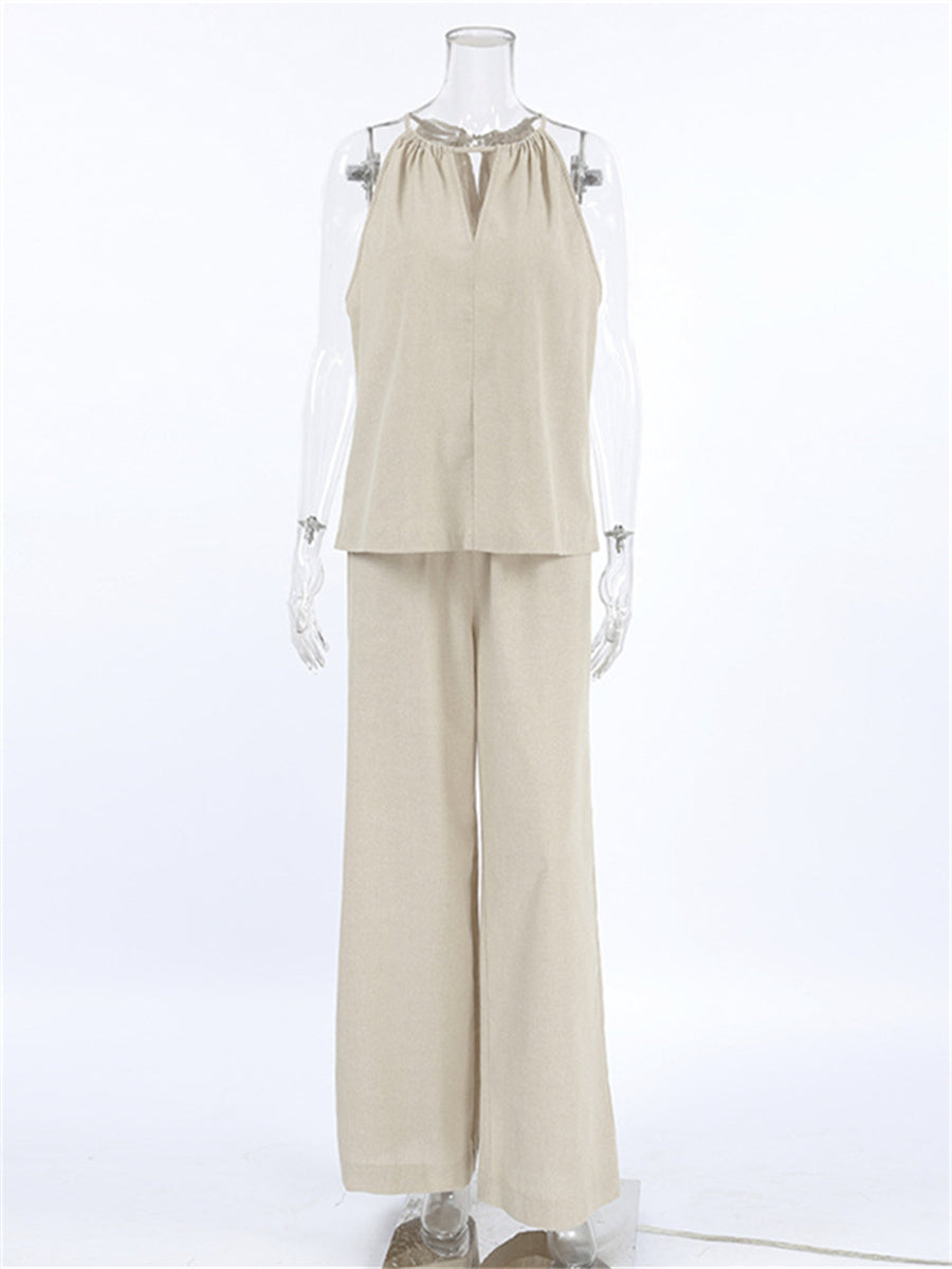 Liber Summer Women's Daily Casual Solid Color Bib Collar Slim Fit Two-Piece Set