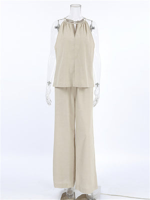 Liber Summer Women's Daily Casual Solid Color Bib Collar Slim Fit Two-Piece Set