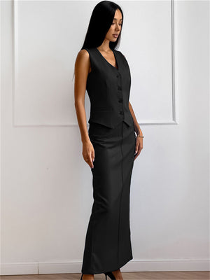 Liber Summer Women's Daily Casual Solid Color V-neck Slim Fit Two-piece Set