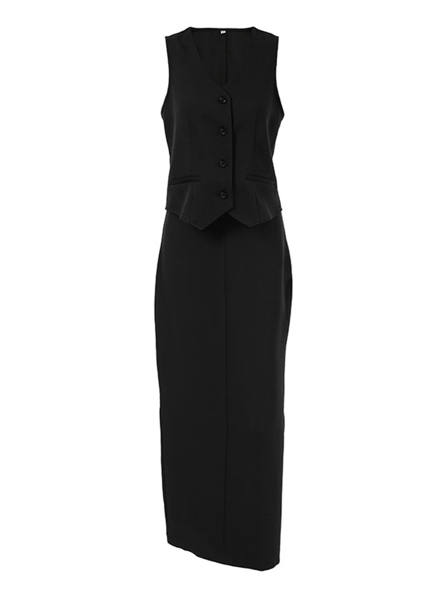 Liber Summer Women's Daily Casual Solid Color V-neck Slim Fit Two-piece Set